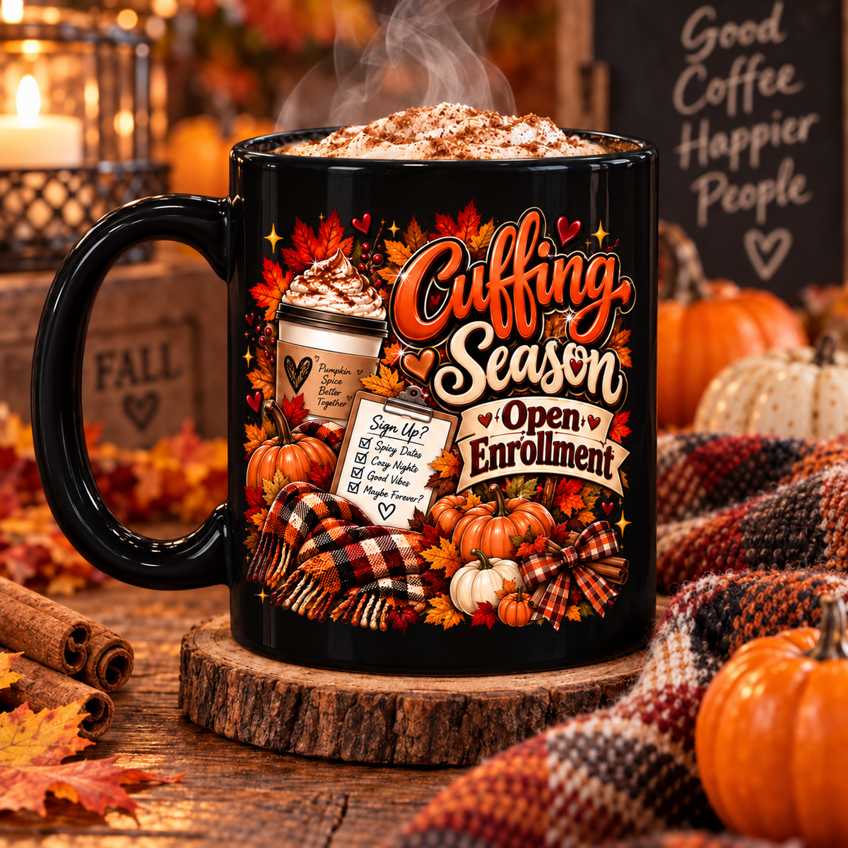 Cuffing Season Black Mug — "Open Enrollment" Autumn Pumpkin Fall Coffee Cup