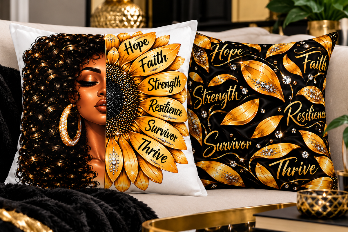 Sunflower Afro Woman Throw Pillow — Hope Faith Strength Resilience Survivor Thrive | 14x14 Double-Sided Decorative Pillow