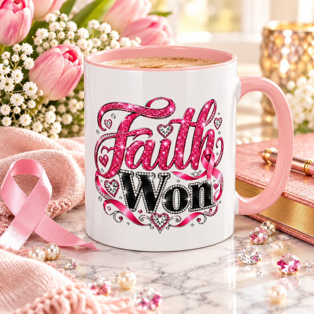 Faith Won Breast Cancer Awareness Accent Mug