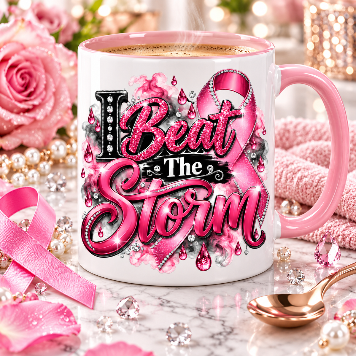 I Beat The Storm Breast Cancer Awareness Accent Mug