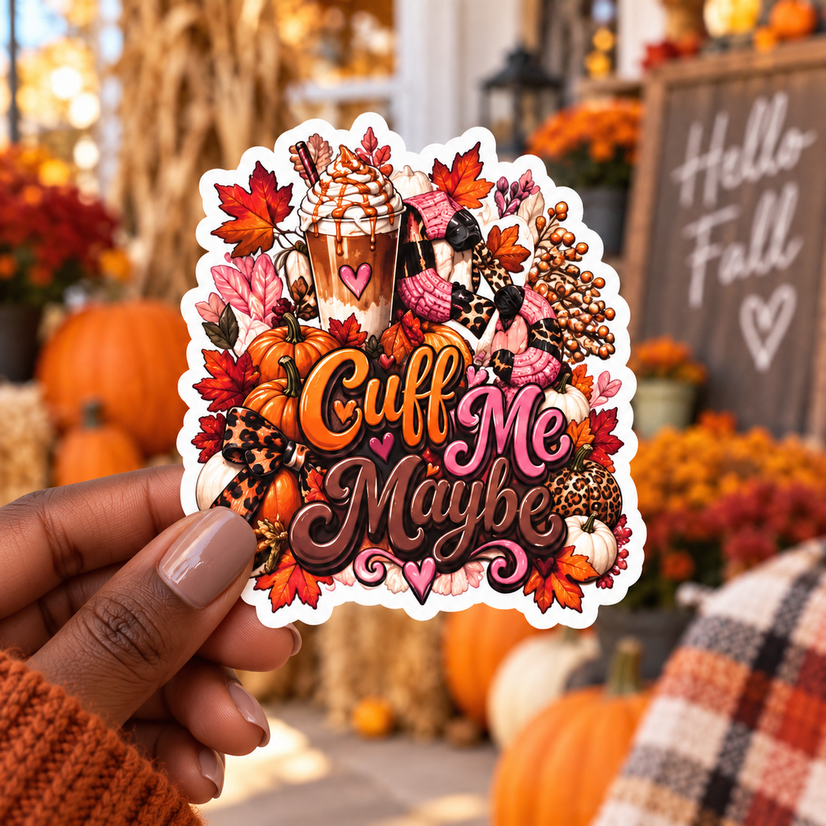 Cuff Me Maybe Fall Sticker — Autumn Coffee, Pumpkins & Cozy Sweater Weather Design